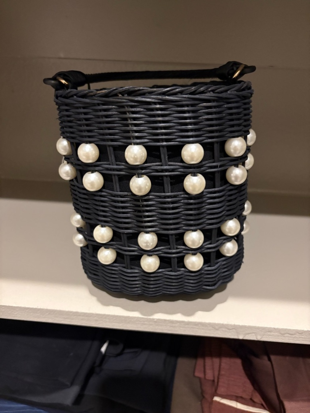 Kate Spade Pearl-Embellished Black Woven Bucket Bag